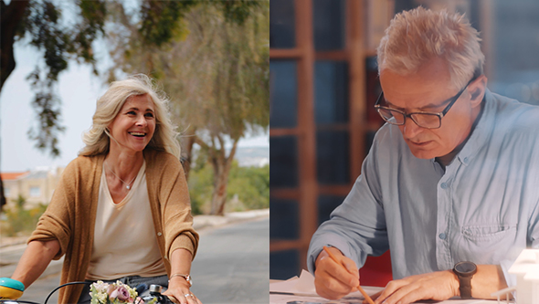 Photo of a smiling older woman out riding her bike and a photo of an older man concentrating on paperwork